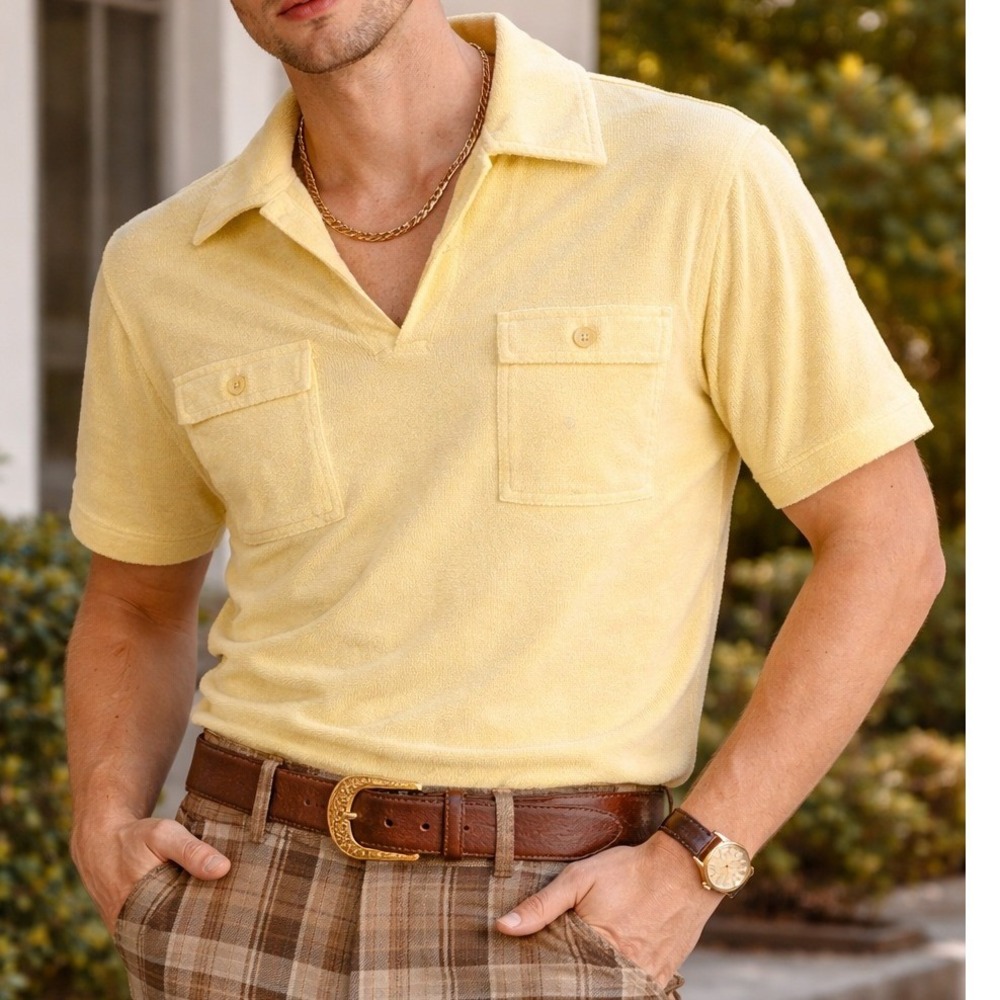 Vintage William Thomas Mens Yellow Terry Cloth Polo Shirt V-Neck Cabana Top
